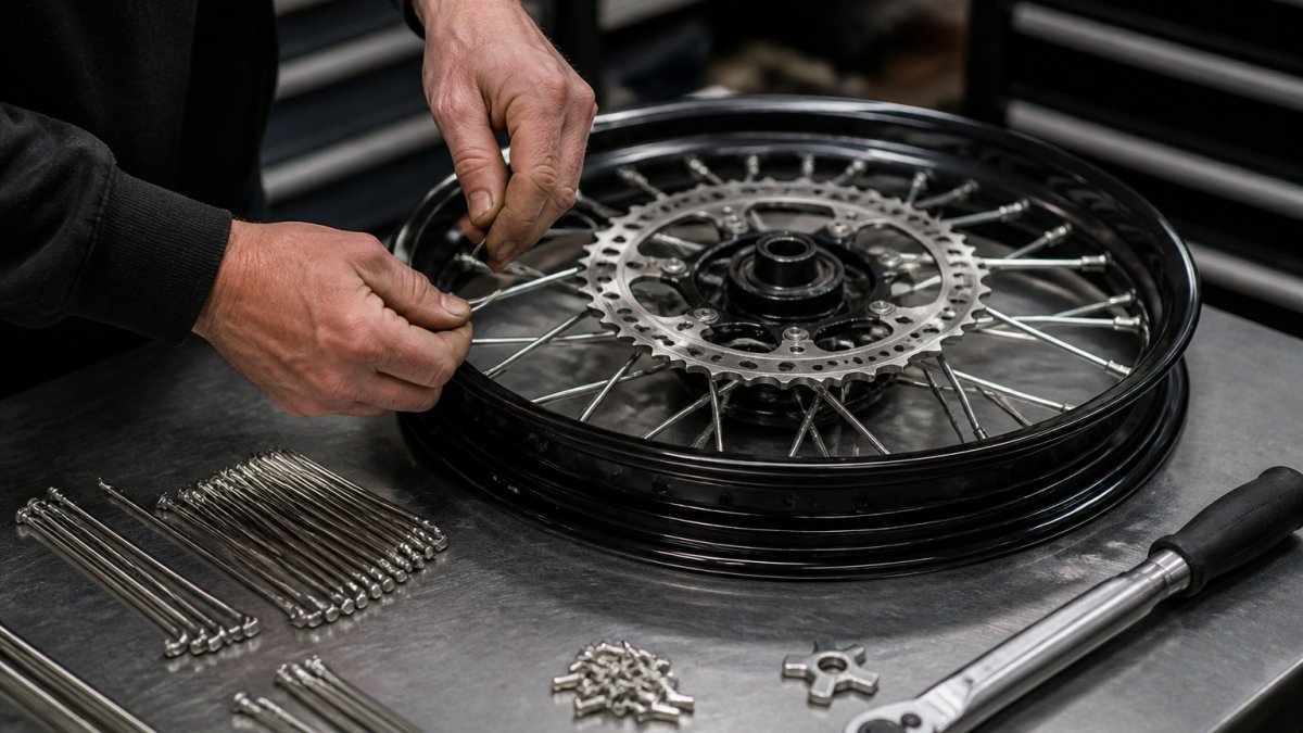 Mechanic lacing stainless steel spokes into a rim during the custom dirt bike wheel lead times process
