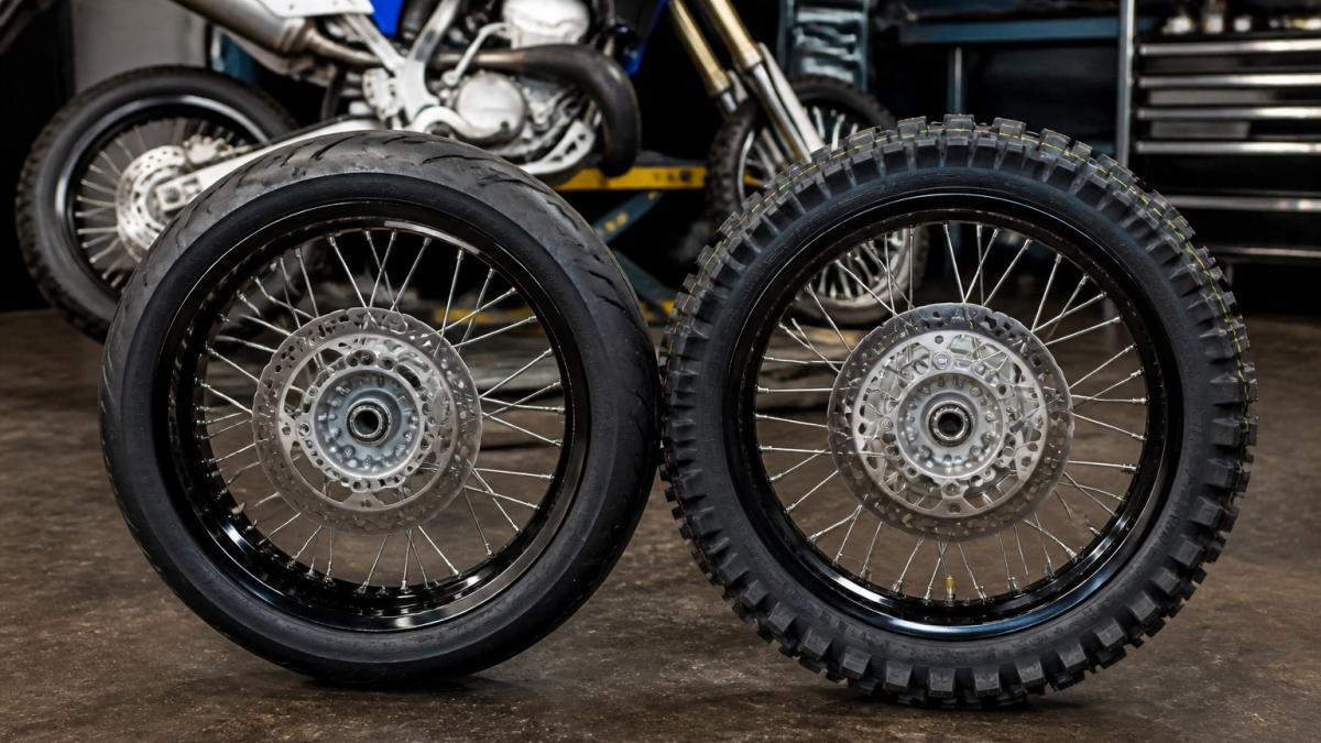 Infographic comparing a 17-inch DRZ400E supermoto wheel to a stock dirt rim to highlight size differences.