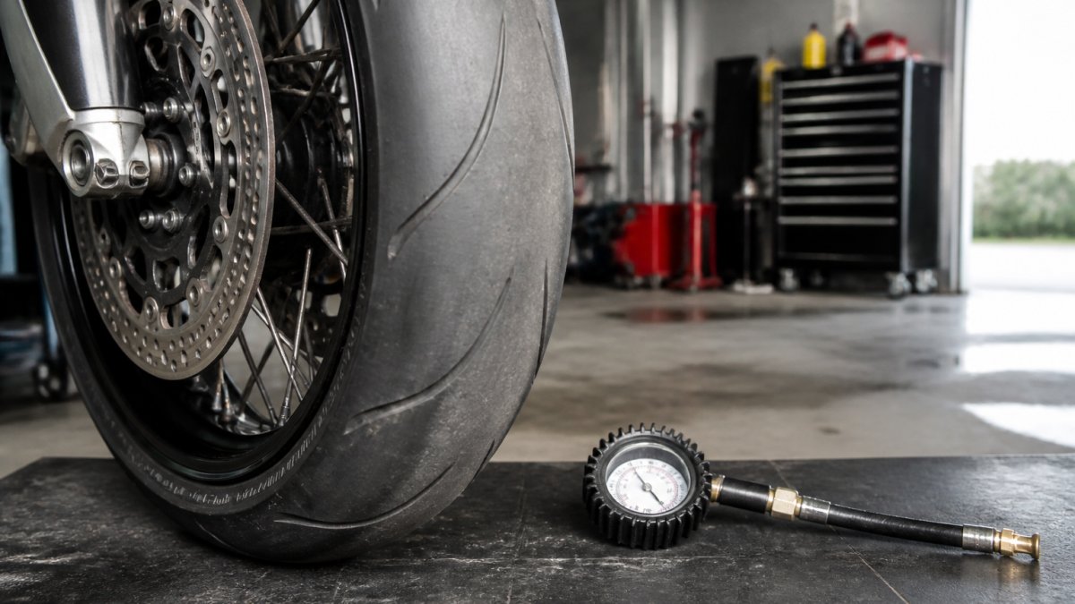 Close-up photograph of a supermoto bike's front tire in a garage, showing visible tread wear on the shoulder and a pressure gauge resting on the workbench beside it