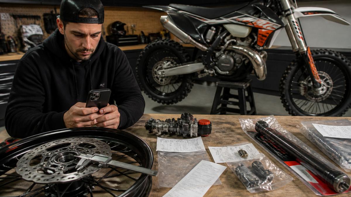 A rider in a home garage organizing motorcycle parts, printed receipts, and a smartphone showing a claim form, with a dirt bike on a stand in the background under warm overhead lighting